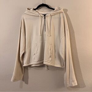 J.Crew Off-White Cropped Hoodie Large Front Pocket Drawstring Waist 100% Cotton